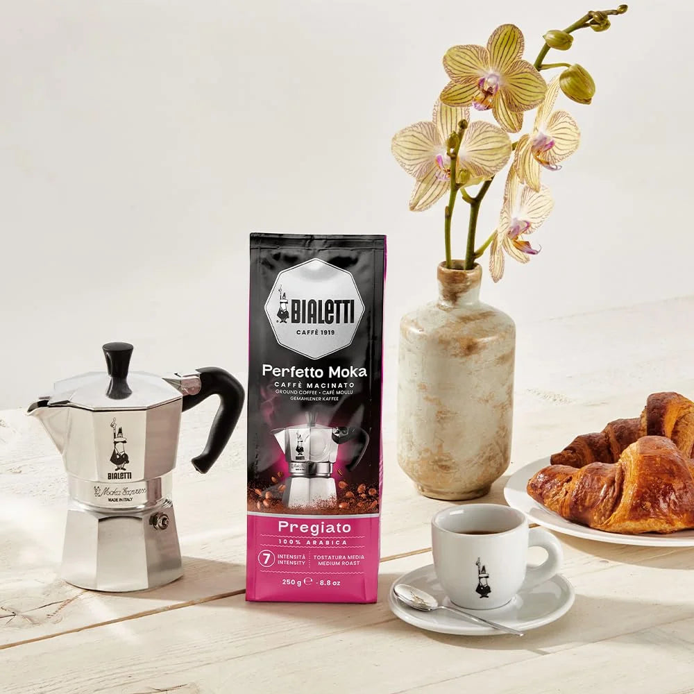 Bialetti Perfetto Moka Delicato Ground Coffee 8.8 oz Pack of 6, Light Roast Intensity 5-100% Arabica Italian Espresso with Floral & Dried Fruit Notes, Smooth Mellow Flavor, Compatible with Moka Pots