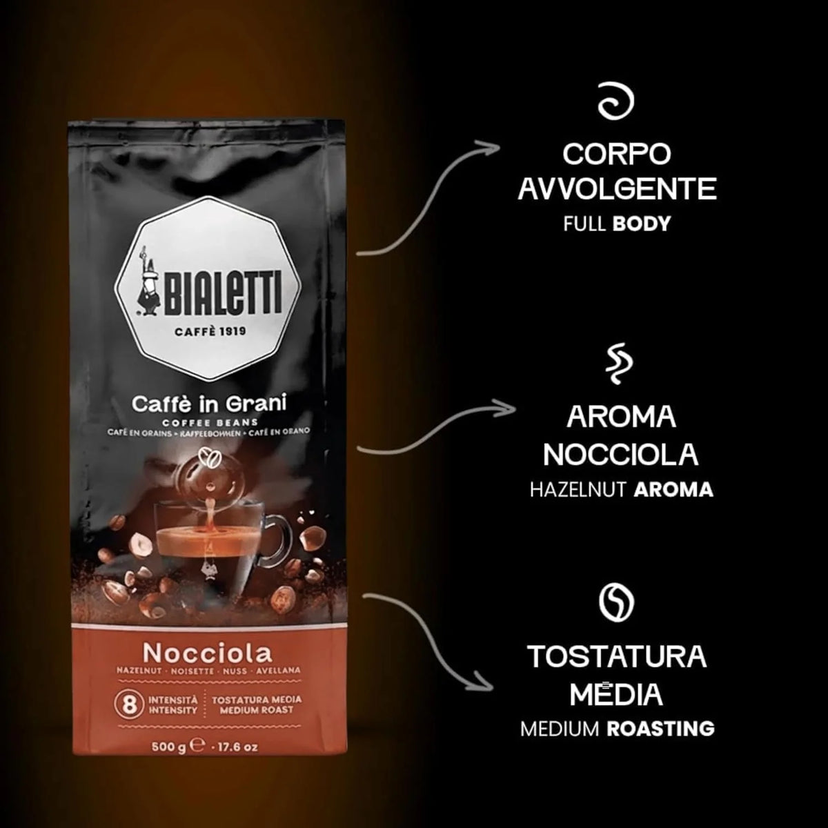 Bialetti Hazelnut Coffee Beans, 500g Bag - Medium Roast Italian Espresso Robusta Whole Bean Blend - Nutty Roasted Hazelnut Aroma, a Rounded, Delicate Flavor, Cappuccino & Latte Machines & Moka Pots