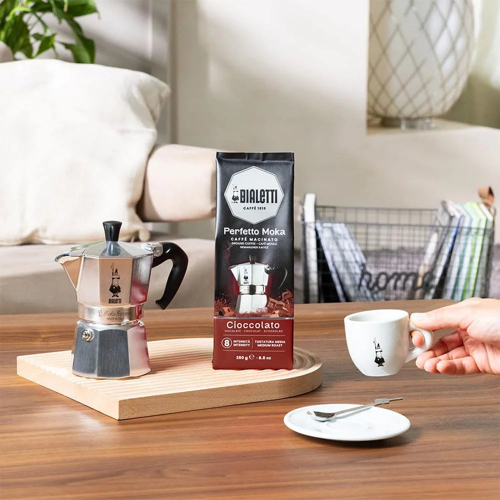 Bialetti Perfetto Moka Cioccolat Ground Coffee 8.8 oz Pack of 6, Roast Intensity 9 - Gourmet Italian Espresso with a Chocolate Aroma with Delicate Caramelized Notes, Compatible with Moka Pots