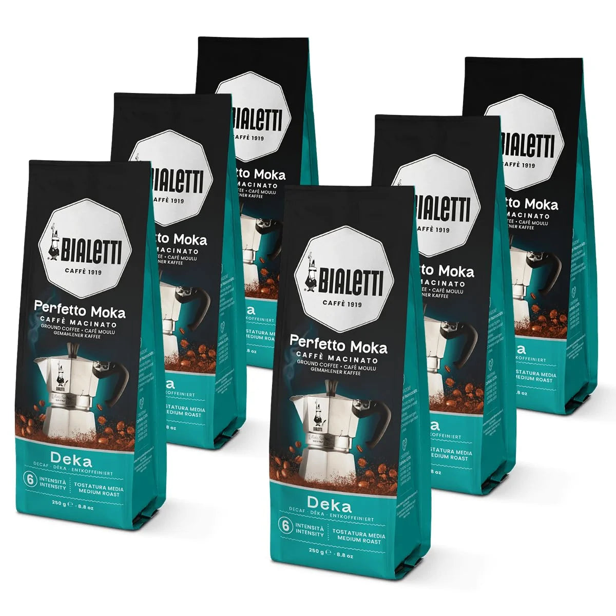 Bialetti Perfetto Moka Decaf Ground Coffee 8.8 oz Pack of 6, Medium Roast Intensity 6-40% Arabica, 60% Robusta Italian Espresso Aromatic Notes of Cereals and Toasted Bread, Compatible with Moka Pots