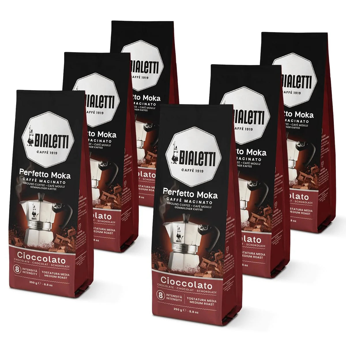 Bialetti Perfetto Moka Cioccolat Ground Coffee 8.8 oz Pack of 6, Roast Intensity 9 - Gourmet Italian Espresso with a Chocolate Aroma with Delicate Caramelized Notes, Compatible with Moka Pots
