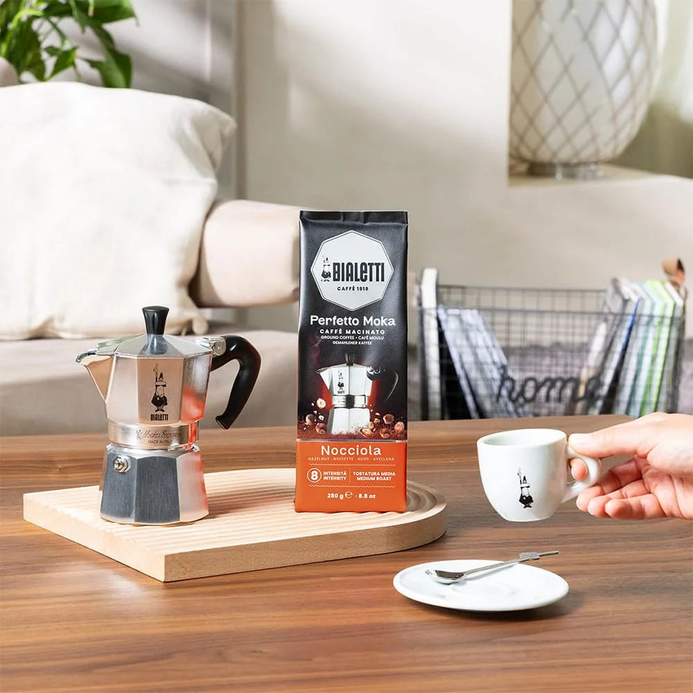 Bialetti Perfetto Moka Nocciola Ground Coffee 8.8 oz Pack of 6, Medium Roast Intensity 8 - 100% Arabica Italian Espresso with a Roasted Hazelnut Aroma, a Rounded, Delicate Flavor, Compatible with Moka Pots