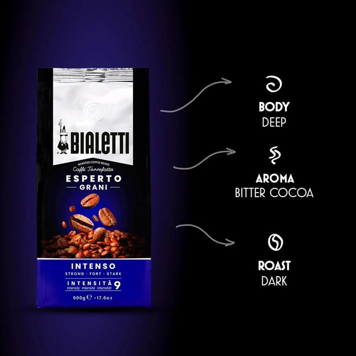Bialetti Intenso Coffee Beans, 500g Bag - 100% Robusta Medium Roast Intensity 9, Strong Espresso with Cocoa Notes - Compatible with Automatic Machines, Bean to Cup Brewers & Stovetop Moka Pots