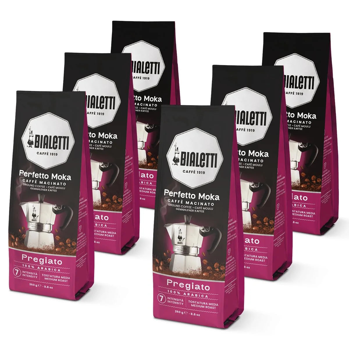 Bialetti Perfetto Moka Delicato Ground Coffee 8.8 oz Pack of 6, Light Roast Intensity 5-100% Arabica Italian Espresso with Floral & Dried Fruit Notes, Smooth Mellow Flavor, Compatible with Moka Pots
