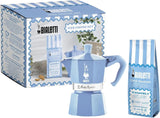 Bialetti Moka Express 3 Cup Light Blue & Almond Ground Coffee Gift Set – Stovetop Espresso Maker with 250g Caffe Macinato Mandorla, 80% Arabica 20% Robusta Medium Dark Roast, Made in Italy