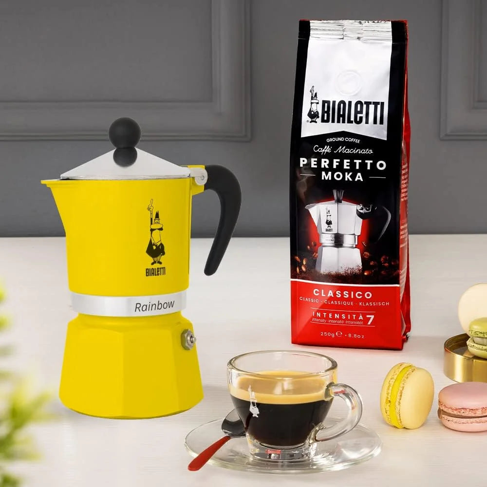 Bialetti Rainbow Moka Pot in Yellow, 3 Cup Stove Top Espresso Maker - Aluminum Cafetera for Ground Coffee, Italian Coffee Maker for Home Brewing