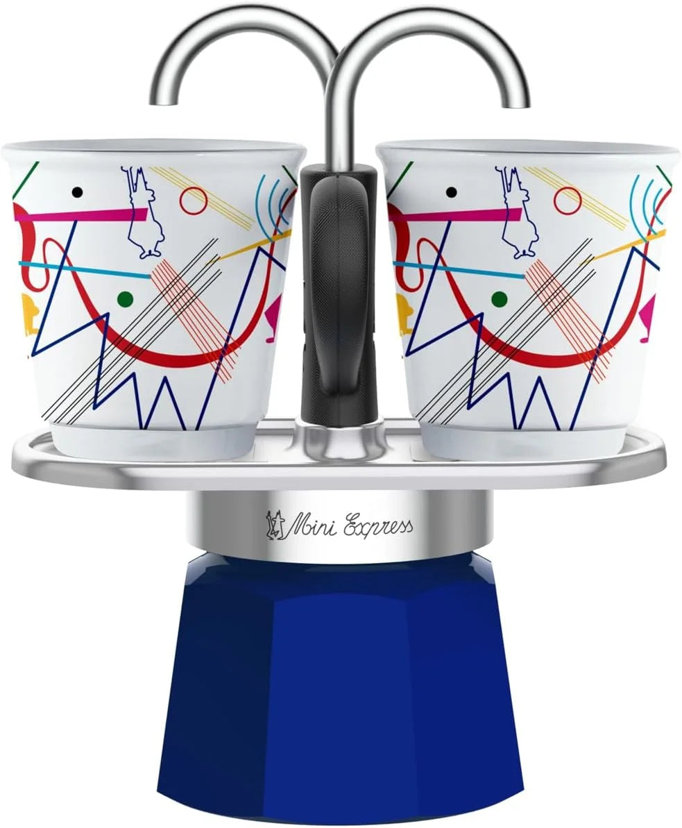 Bialetti - Mini Express Kandinsky: Moka Set includes Coffee Maker 2-Cups (2.8 Oz) + 2 shot glasses, Light Blue, Aluminum