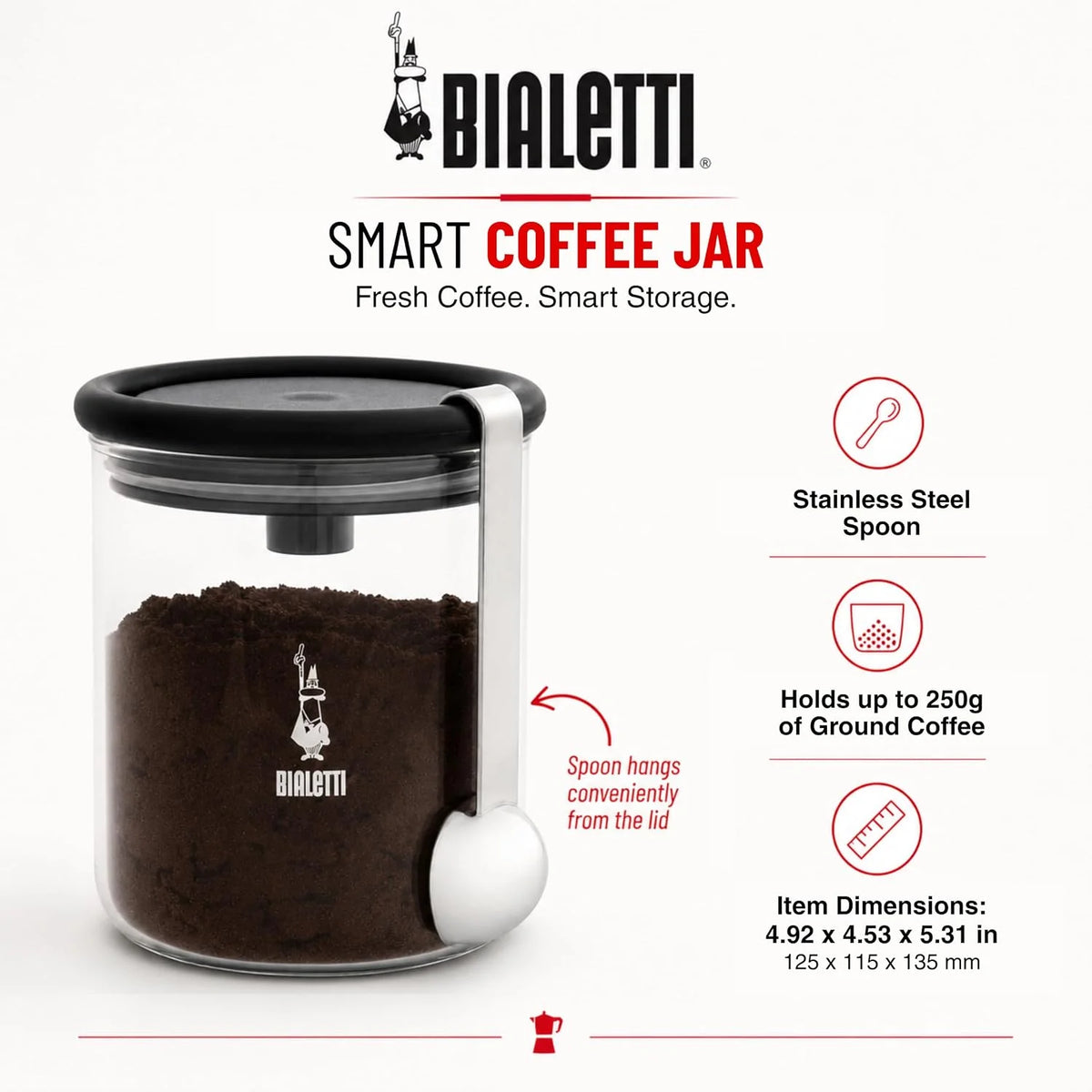 Bialetti Smart Coffee Jar: Glass Coffee Canister with Airtight Lid to Preserve the Aroma of the Coffee (8.8oz - 250g)