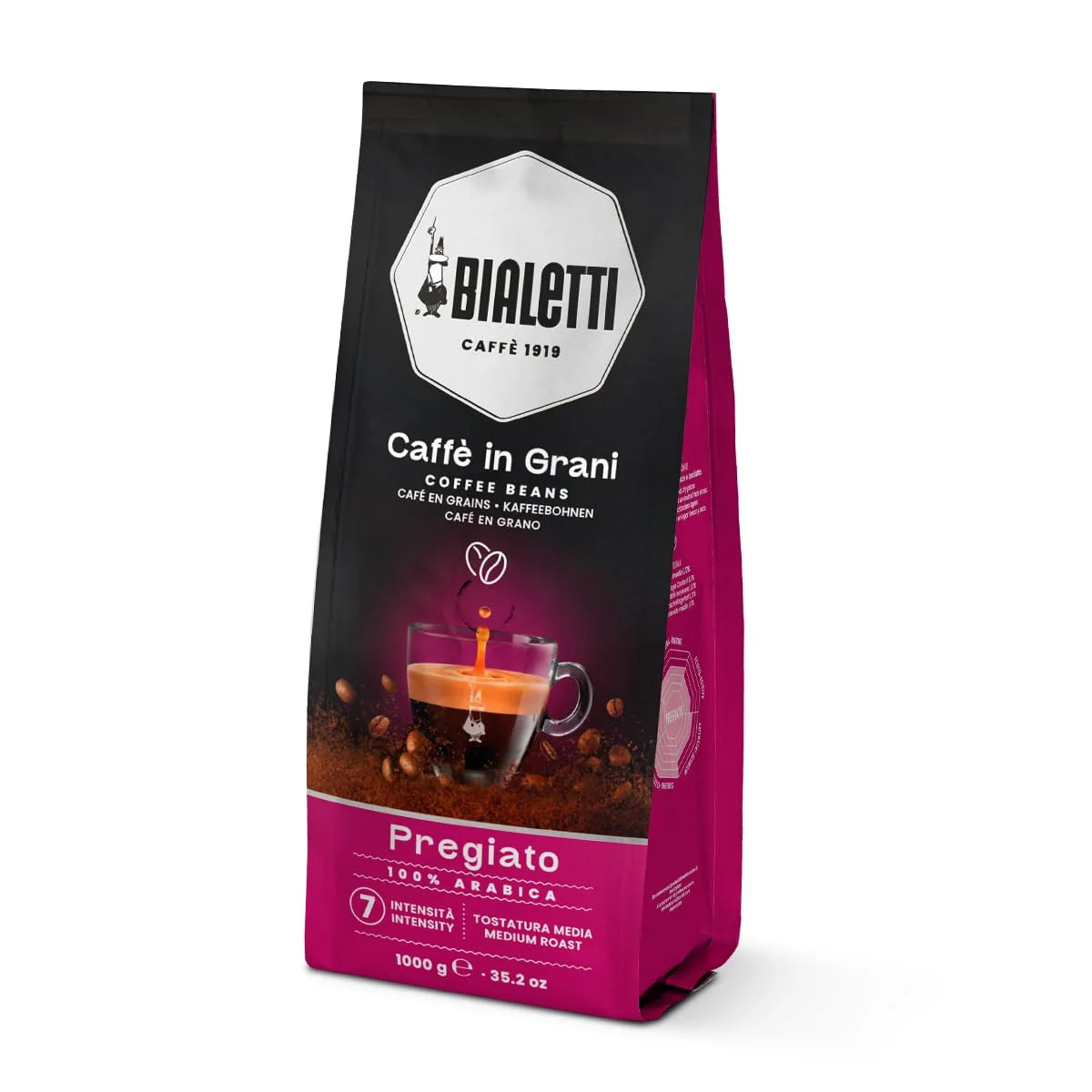 Bialetti Pregiato Coffee Beans 1000g Bag - Medium Roast Intensity 7, 100% Arabica Whole Bean Coffees with Floral & Dried Fruit Notes For Stovetop Espresso Maker, Cappuccino Machines & Moka Pot