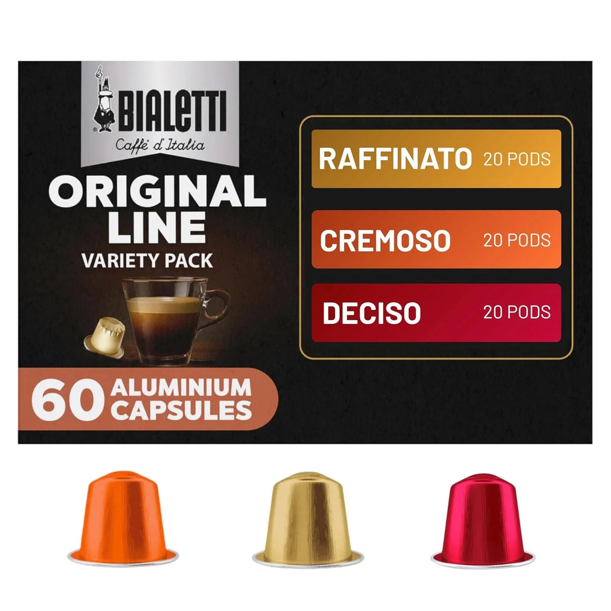 Bialetti Variety Pack Espresso Capsules 60 Pack – Original Line Compatible Pods in Deciso, Cremoso & Raffinato - Authentic Italian Coffee Selection