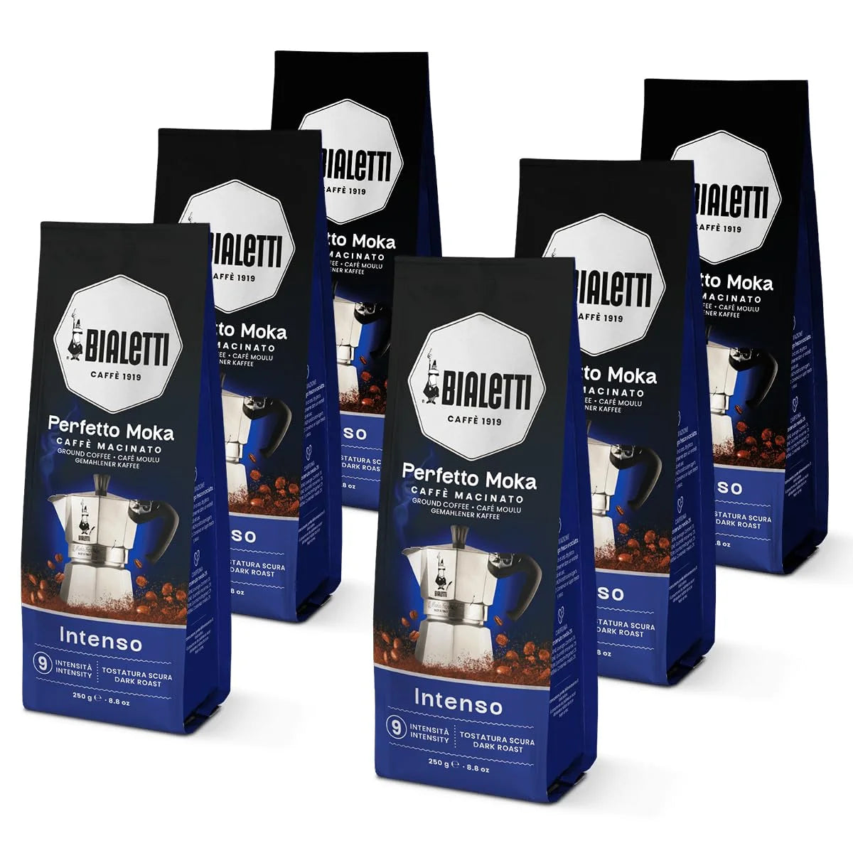 Bialetti Perfetto Moka Intenso Ground Coffee 8.8 oz Pack of 6, Medium Roast Intensity 9-30% Arabica, 70% Robusta Strong Italian Espresso with Cocoa Notes, Compatible with Moka Pots