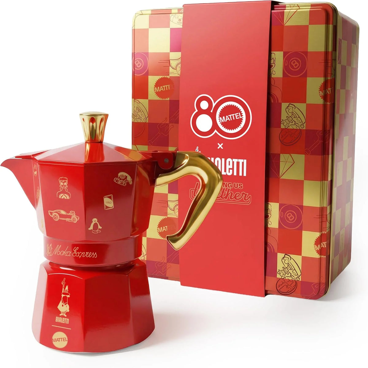 Bialetti Moka Express Moka Express with 3 Cups (130 ml) Mattel Edition 80, Collectable Coffee Pot with Celebration Tin - Aluminium Product, Not Suitable for Induction, Red