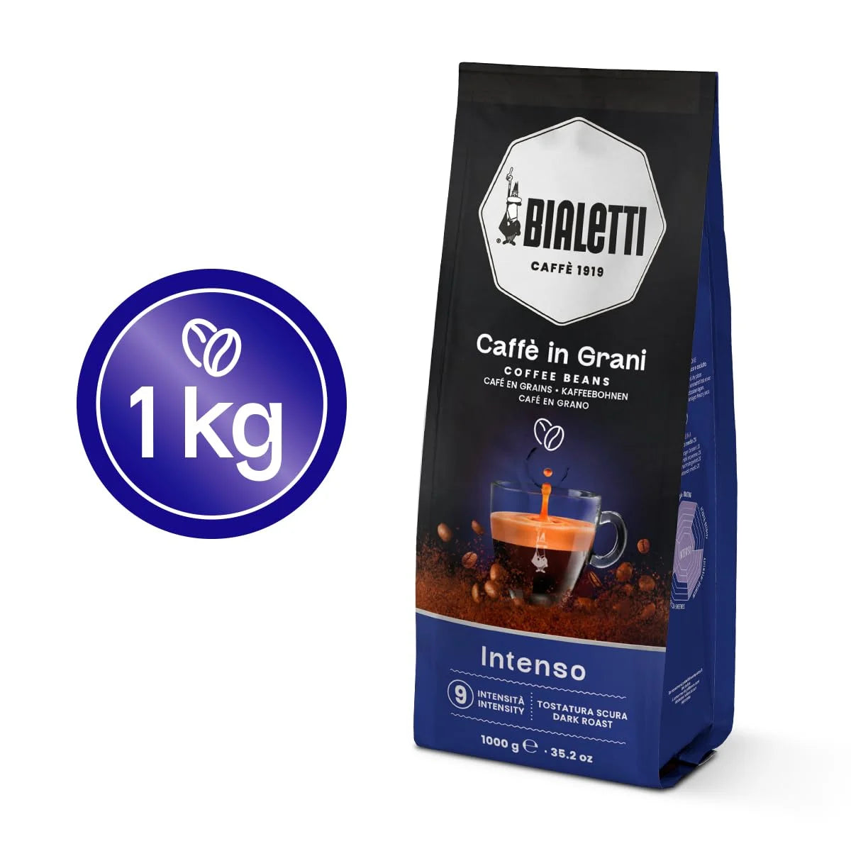 Bialetti Intenso Coffee Beans, 1000g Bag - 100% Robusta Medium Roast Intensity 9, Strong Espresso with Cocoa Notes - Compatible with Automatic Machines, Bean to Cup Brewers & Stovetop Moka Pots