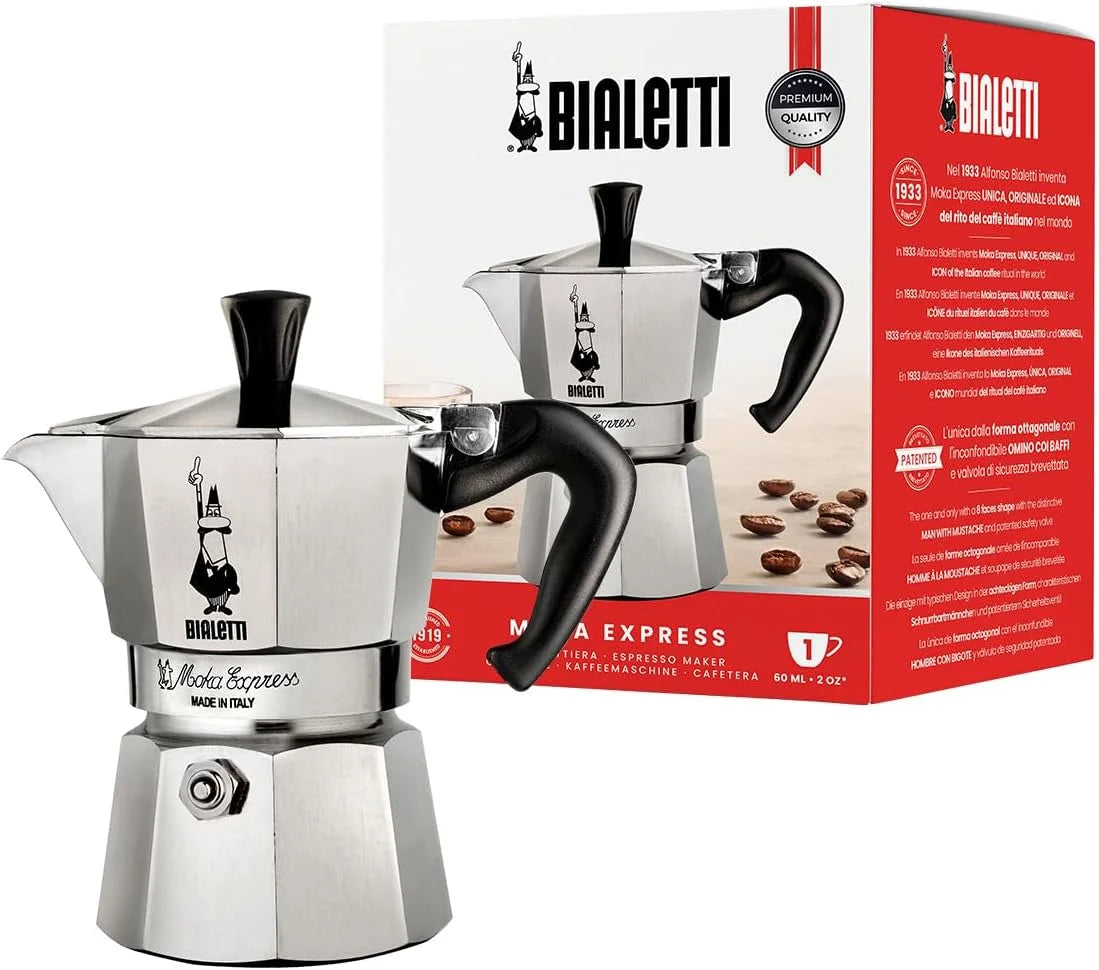 Bialetti - Moka Express: Iconic Stovetop Espresso Maker, Makes Real Italian Coffee, Moka Pot 1 Cup (2 Oz - 60 Ml), Aluminium, Silver