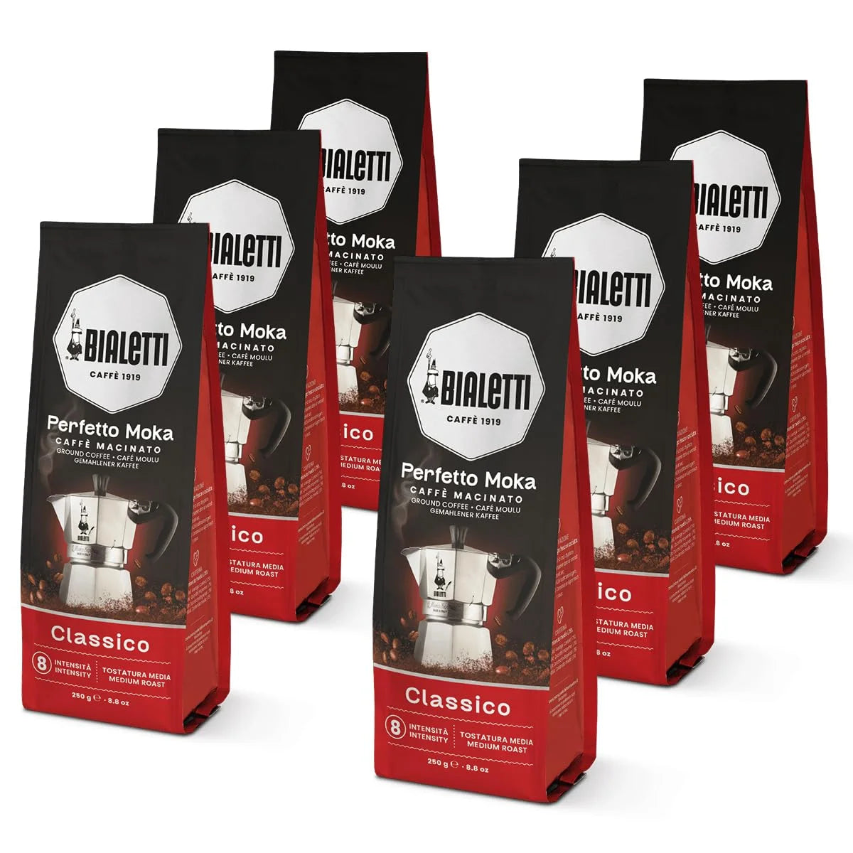 Bialetti Perfetto Moka Classico Ground Coffee 8.8 oz Pack of 6, Medium Roast Intensity 7 - 50% Arabica and 50% Robusta Italian Espresso with Floral & Dried Fruit Notes, Smooth Mellow Flavor, Compatible with Moka Pots