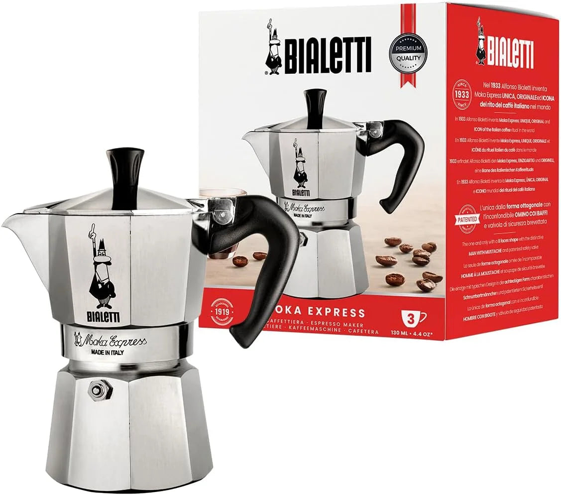 Bialetti - Moka Express: Iconic Stovetop Espresso Maker, Moka Pot, Italian Coffee Maker, 3 Espresso Shots (4.3 oz - 130 ml), Aluminum, Silver
