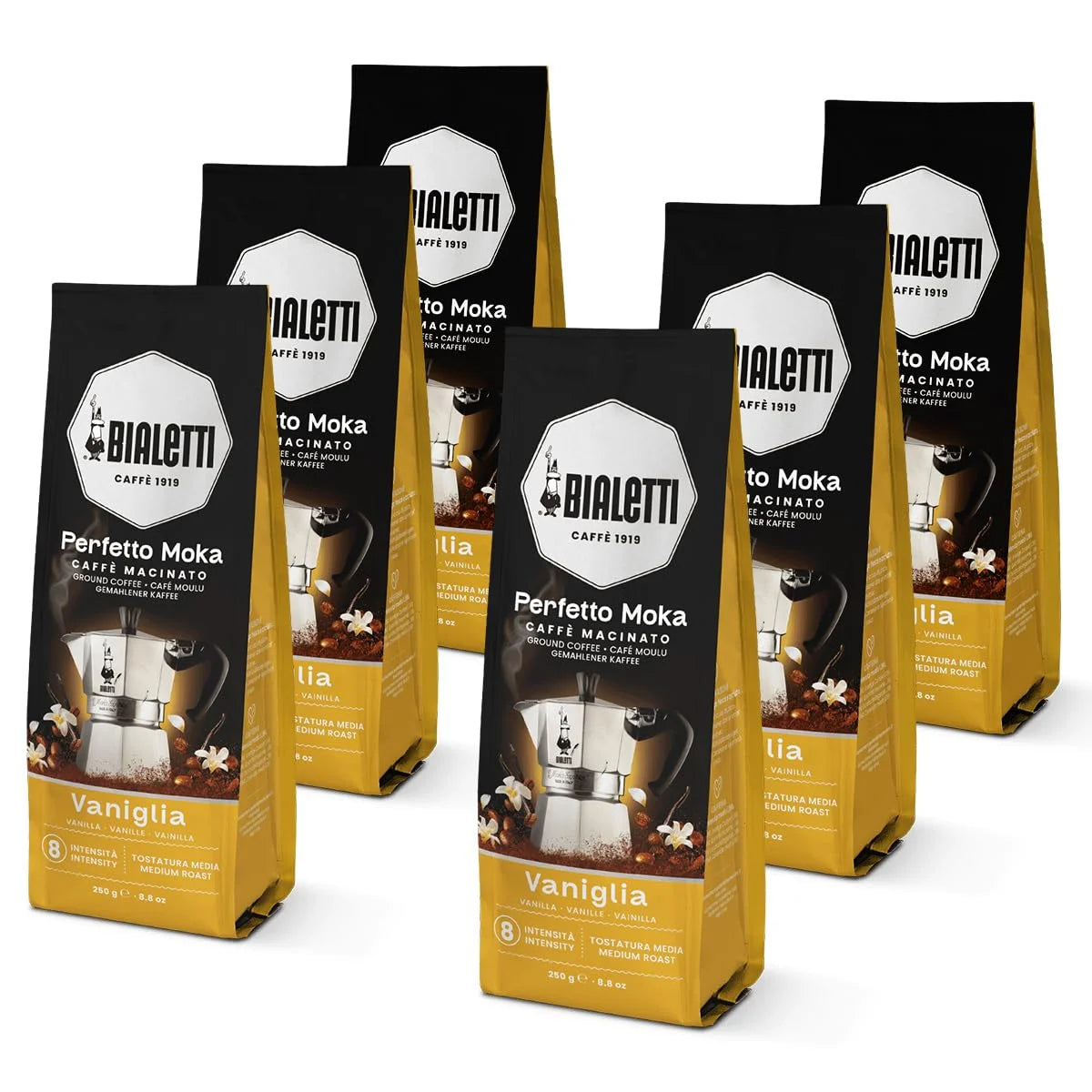 Bialetti Perfetto Moka Vaniglia Ground Coffee 8.8 oz Pack of 6, Medium Roast Intensity 8-80% Arabica, 20% Robusta Italian Espresso, Vanilla Flavored Sweet, Delicate Taste, Compatible with Moka Pots