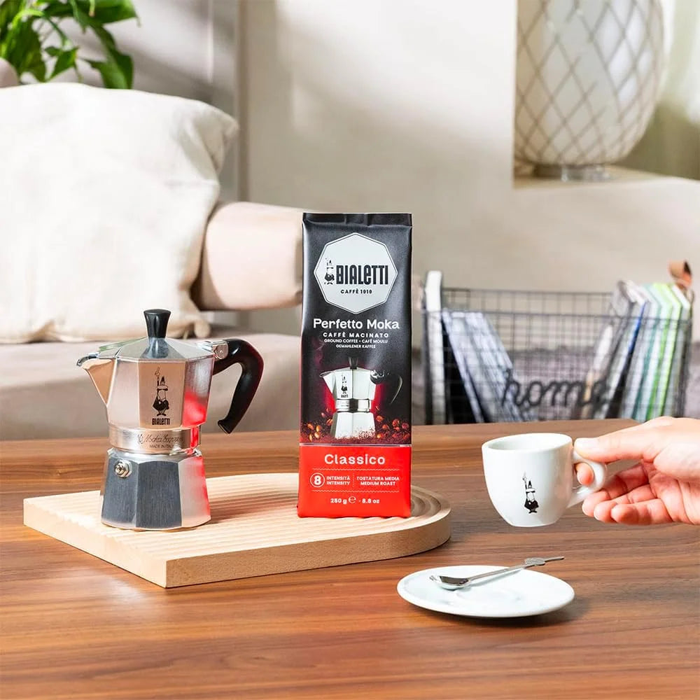 Bialetti 6 Cup Moka Pot and Coffee Ground Bundle 8.8oz Bag with Medium Roast Italian Ground Blend - Stovetop Espresso Maker Morning Brew Barista Style Café Home Brewing Daily Use Kitchen Appliance Set