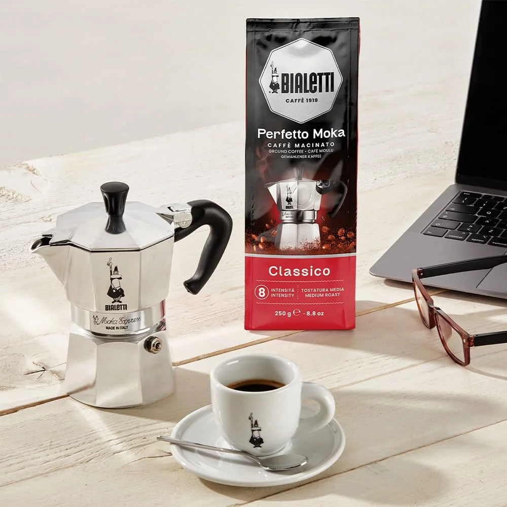 Bialetti Perfetto Moka Classico Ground Coffee 8.8 oz Pack of 6, Medium Roast Intensity 7 - 50% Arabica and 50% Robusta Italian Espresso with Floral & Dried Fruit Notes, Smooth Mellow Flavor, Compatible with Moka Pots