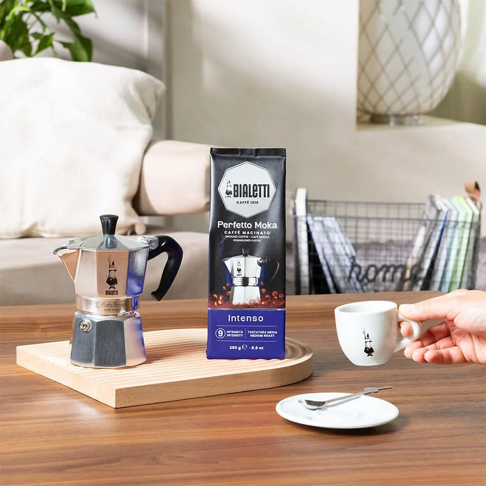 Bialetti Perfetto Moka Intenso Ground Coffee 8.8 oz Pack of 6, Medium Roast Intensity 9-30% Arabica, 70% Robusta Strong Italian Espresso with Cocoa Notes, Compatible with Moka Pots